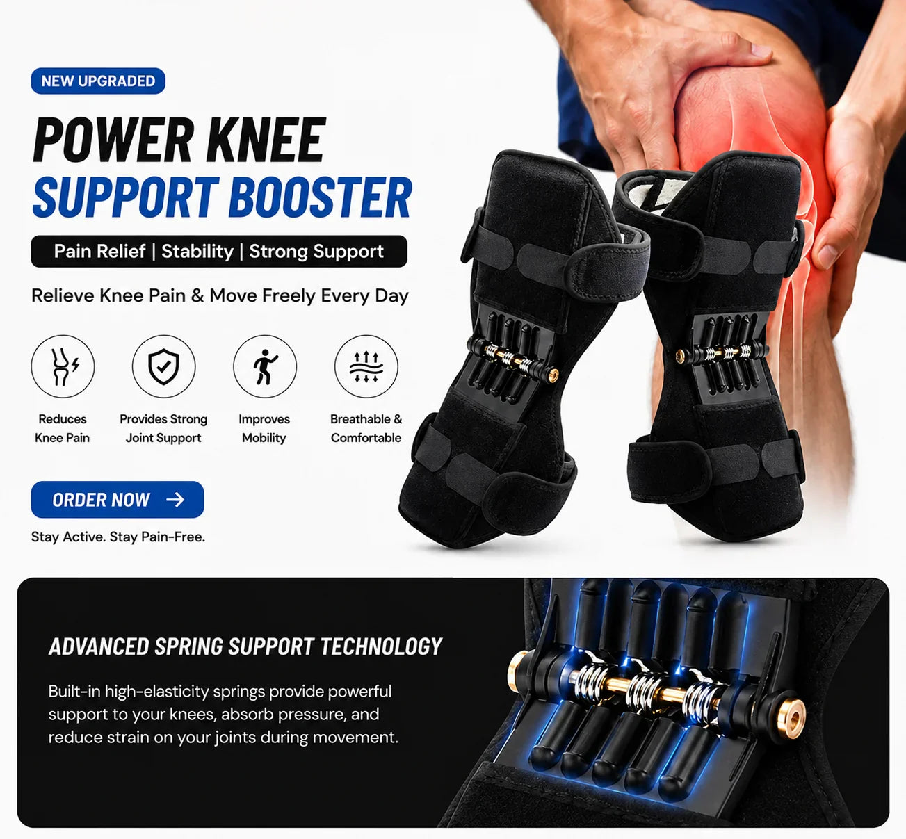 Power Knee Support Booster with Spring Force | Pain Relief & Joint Stability Brace (Pair)
